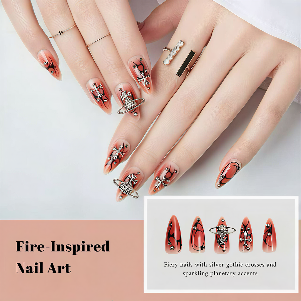 Press on Nails 24/30PCS: Jelly Red Flame Planet 3D Shell Gothic