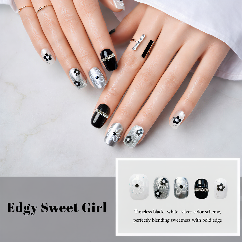 Galaxy Fireworks Short Fake Nails - Black White Glitter Rhinestones