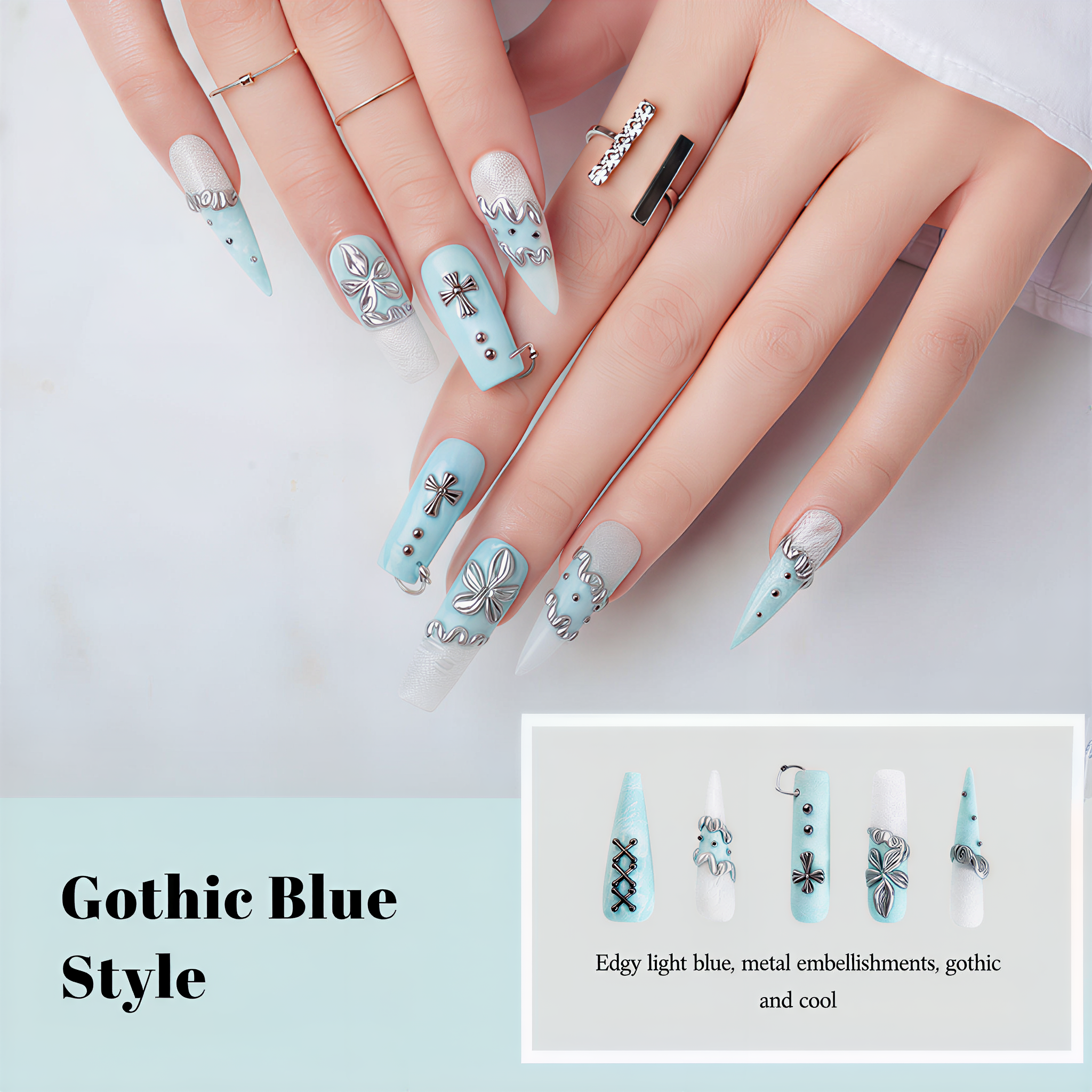 Rivet Code Edgy Fake Nails - Light Blue Lace, Studs & 3D Bow