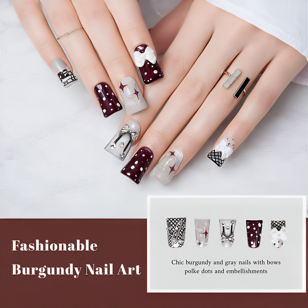 Hand Painted Electronic Duck Long Stiletto Nails - Dark Red