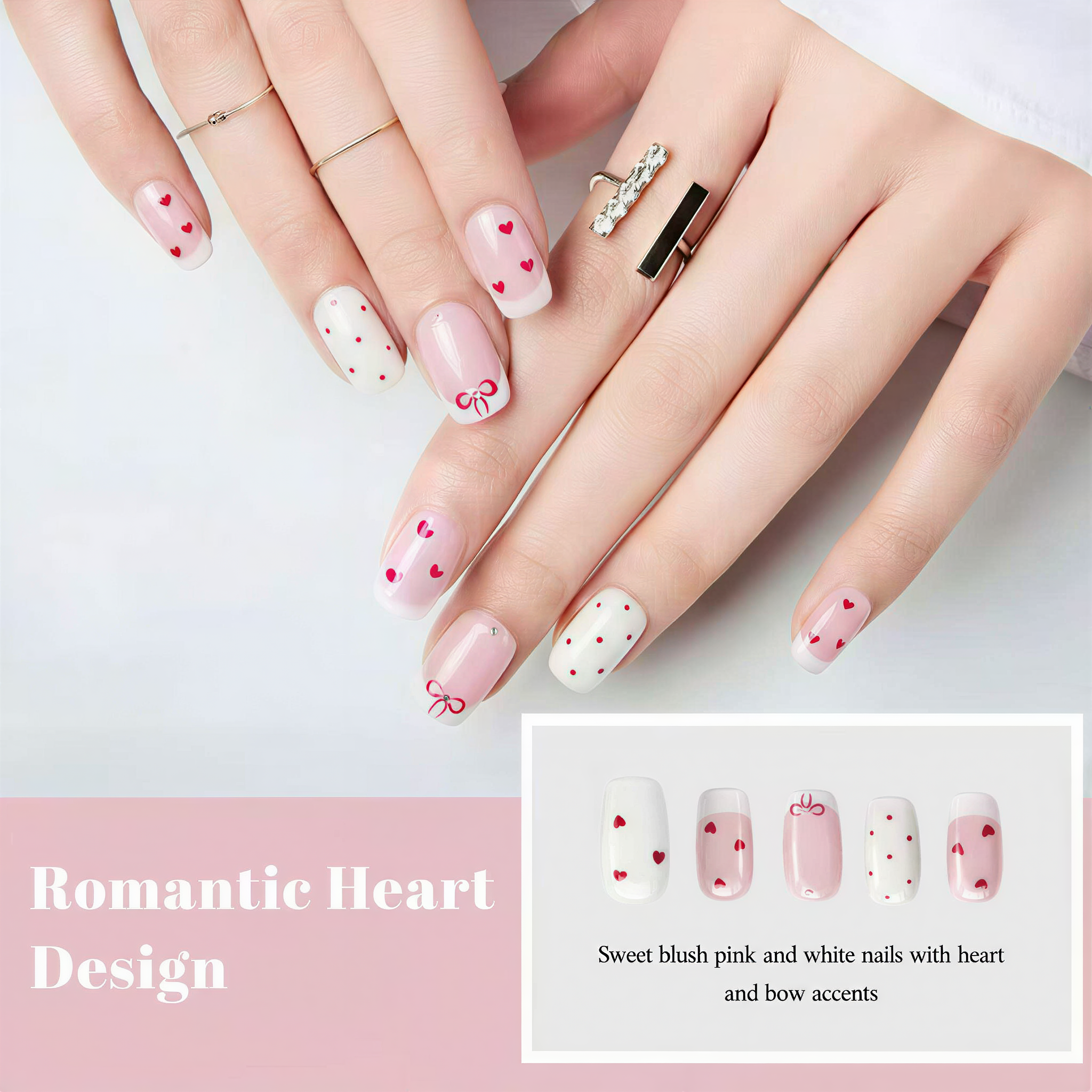 Peach Mint Short Nails - White with Red Heart, Cute Daywear Style