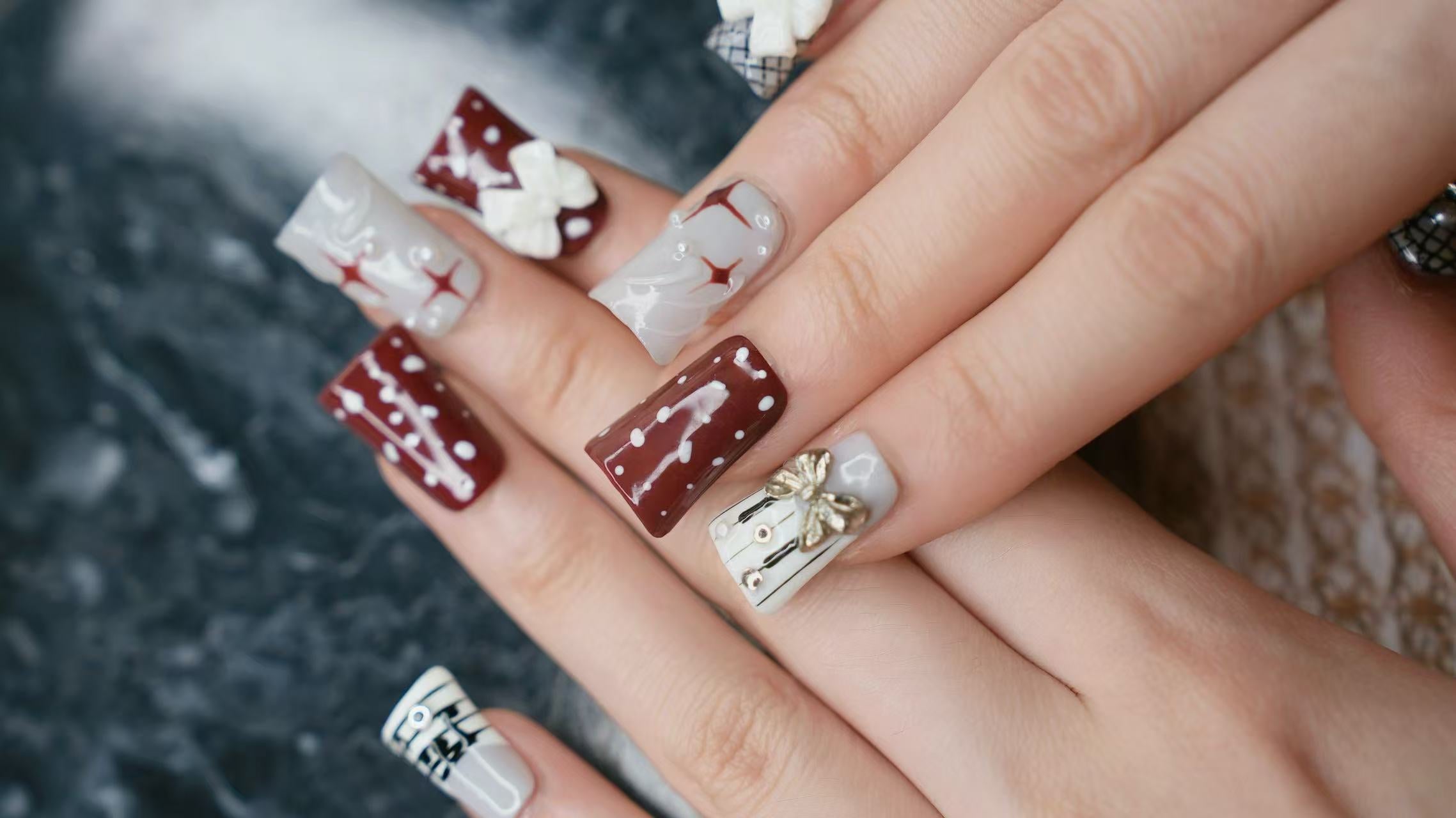 Hand Painted Electronic Duck Long Stiletto Nails - Dark Red