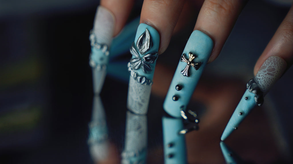 Rivet Code Edgy Fake Nails - Light Blue Lace, Studs & 3D Bow