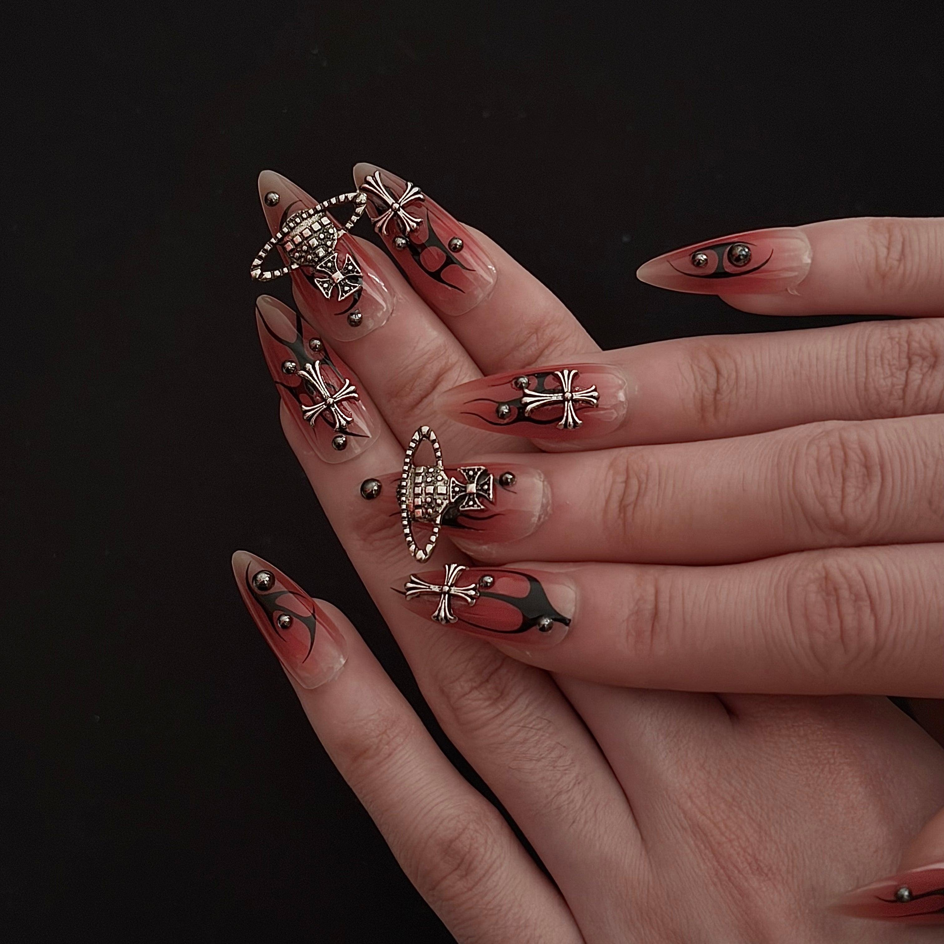 Press on Nails 24/30PCS: Jelly Red Flame Planet 3D Shell Gothic