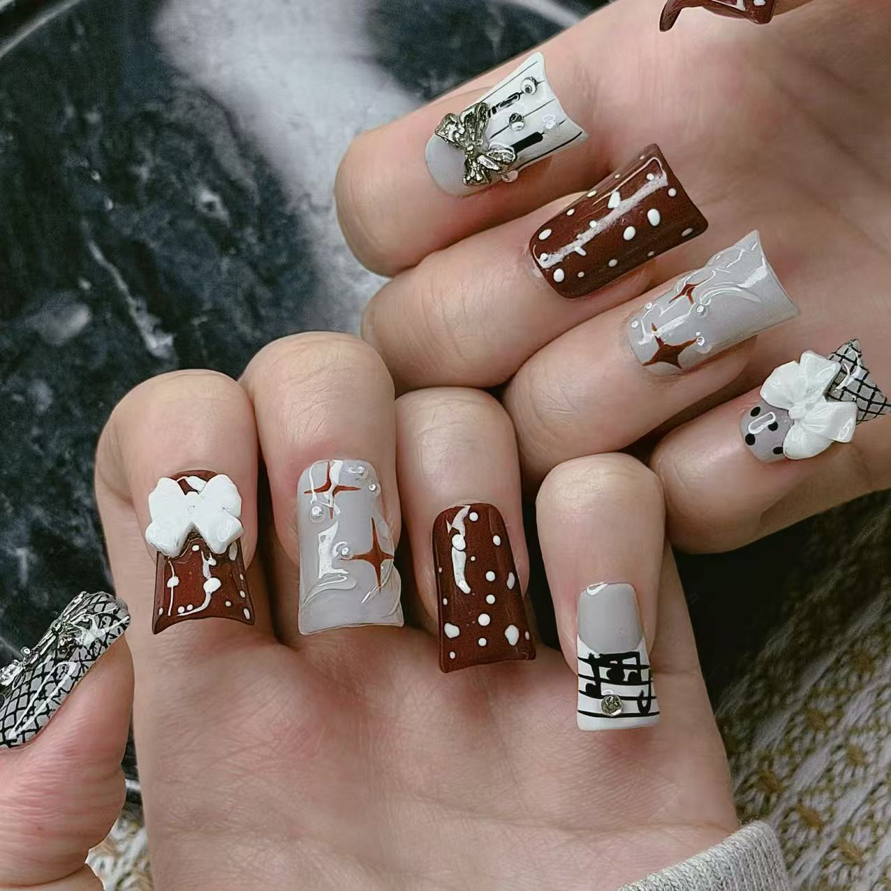 Hand Painted Electronic Duck Long Stiletto Nails - Dark Red