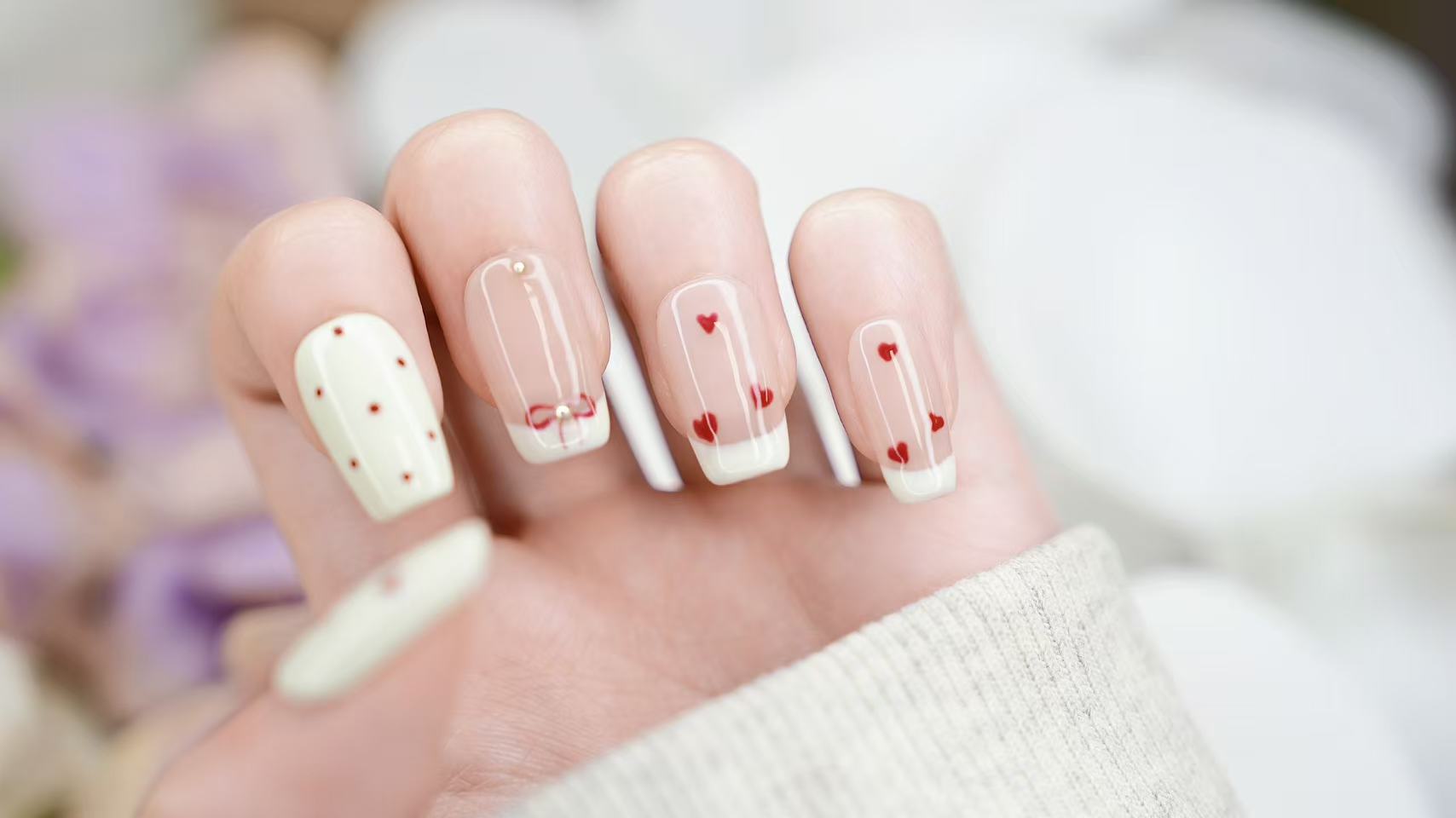 Peach Mint Short Nails - White with Red Heart, Cute Daywear Style