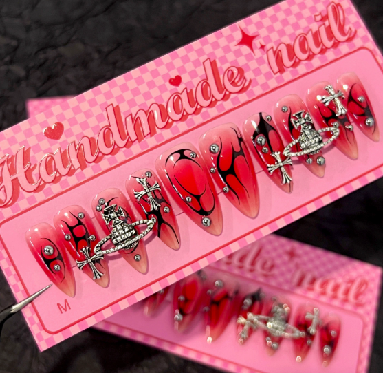 Press on Nails 24/30PCS: Jelly Red Flame Planet 3D Shell Gothic