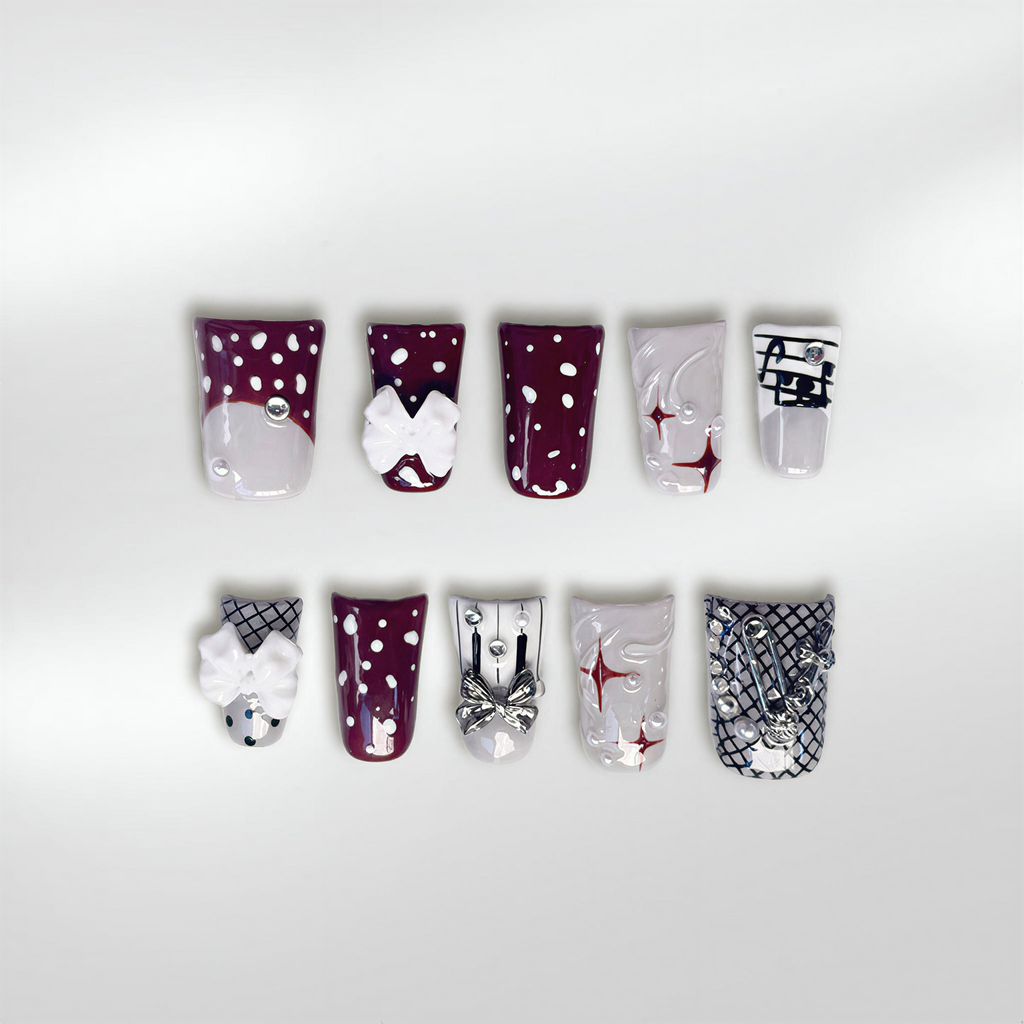 Hand Painted Electronic Duck Long Stiletto Nails - Dark Red