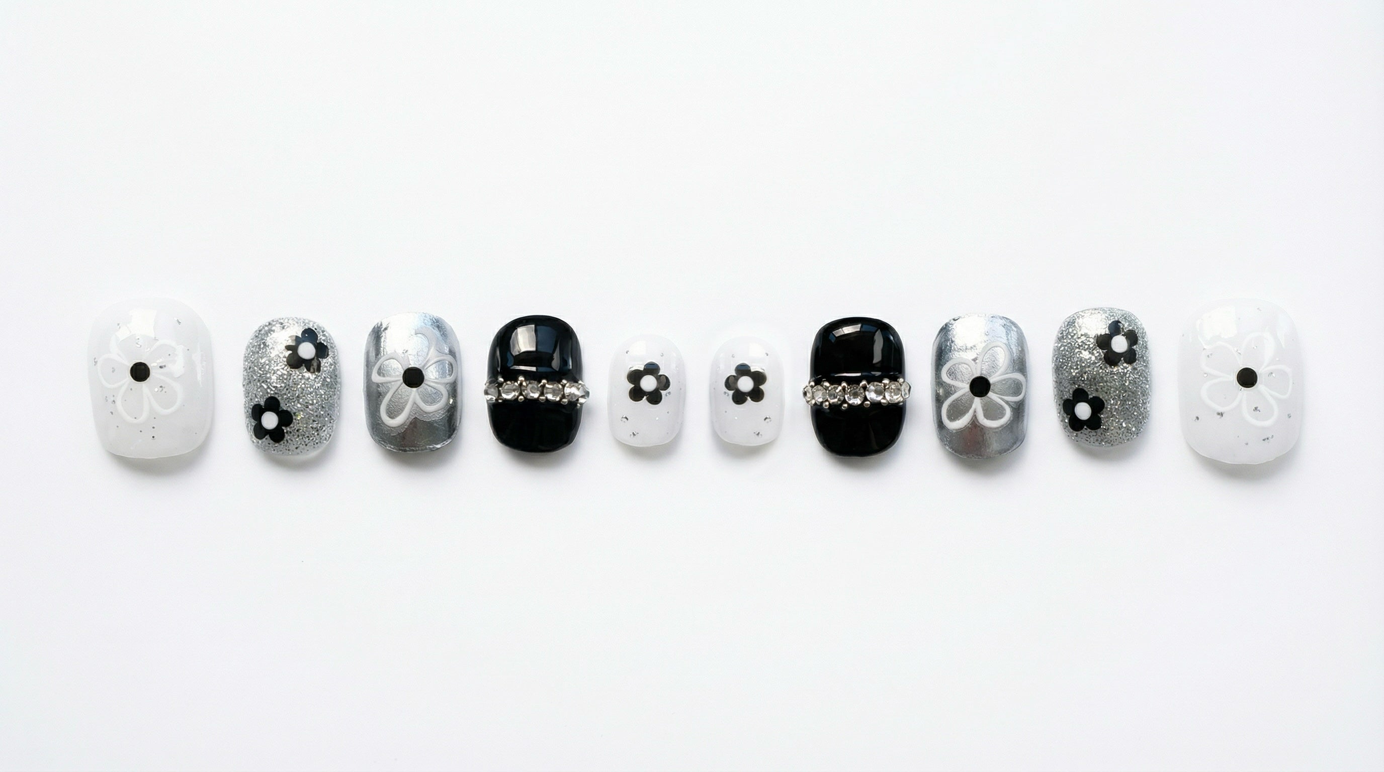 Galaxy Fireworks Short Fake Nails - Black White Glitter Rhinestones