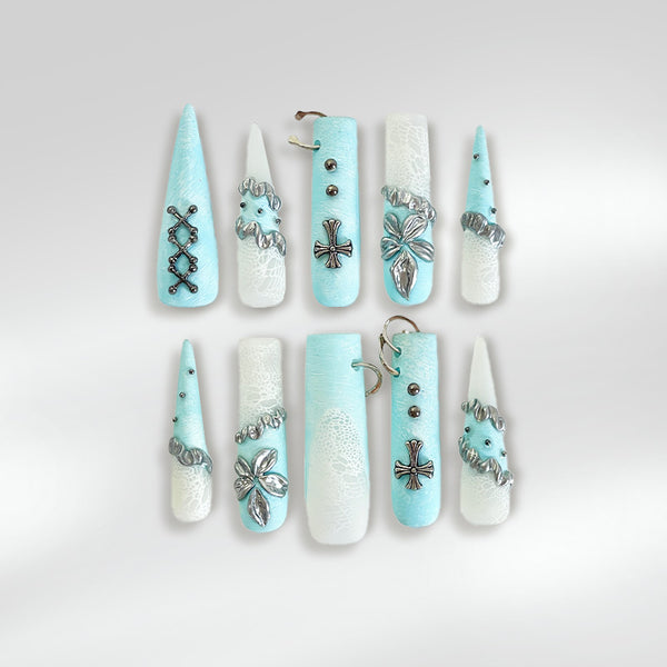Rivet Code Edgy Fake Nails - Light Blue Lace, Studs & 3D Bow