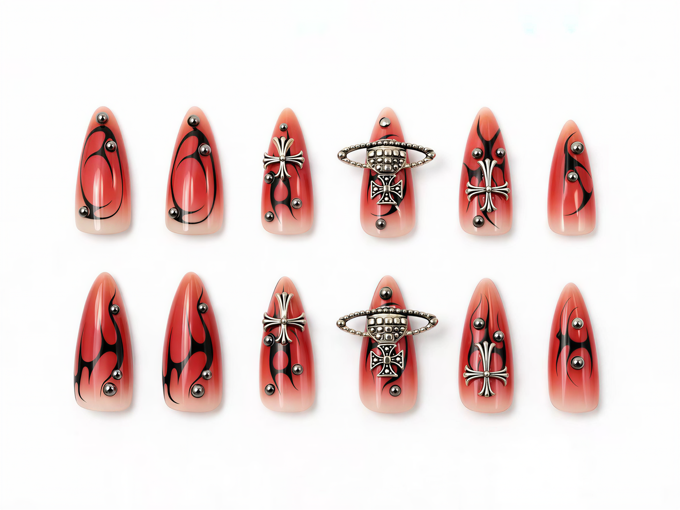 Press on Nails 24/30PCS: Jelly Red Flame Planet 3D Shell Gothic