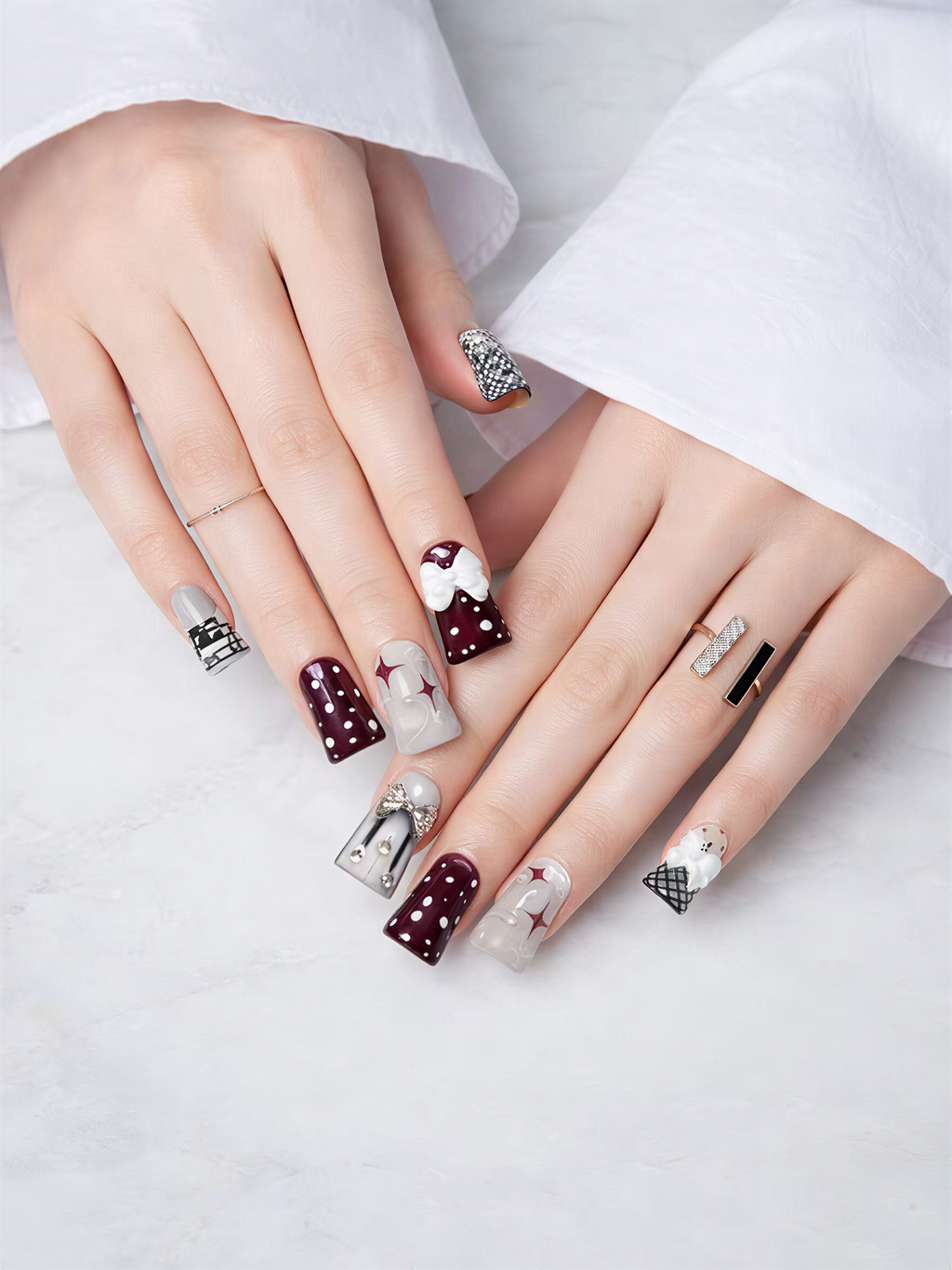 Hand Painted Electronic Duck Long Stiletto Nails - Dark Red