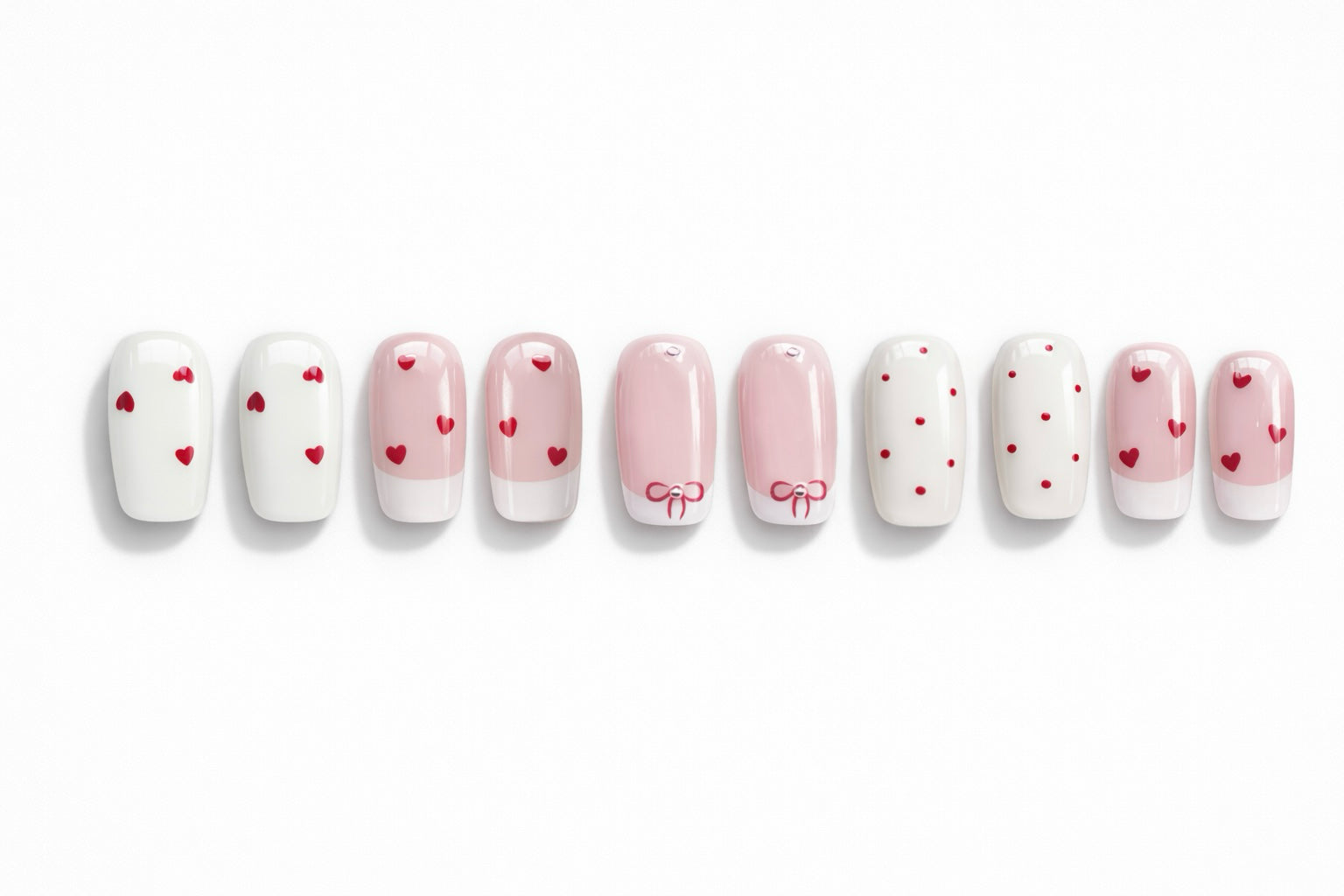 Peach Mint Short Nails - White with Red Heart, Cute Daywear Style