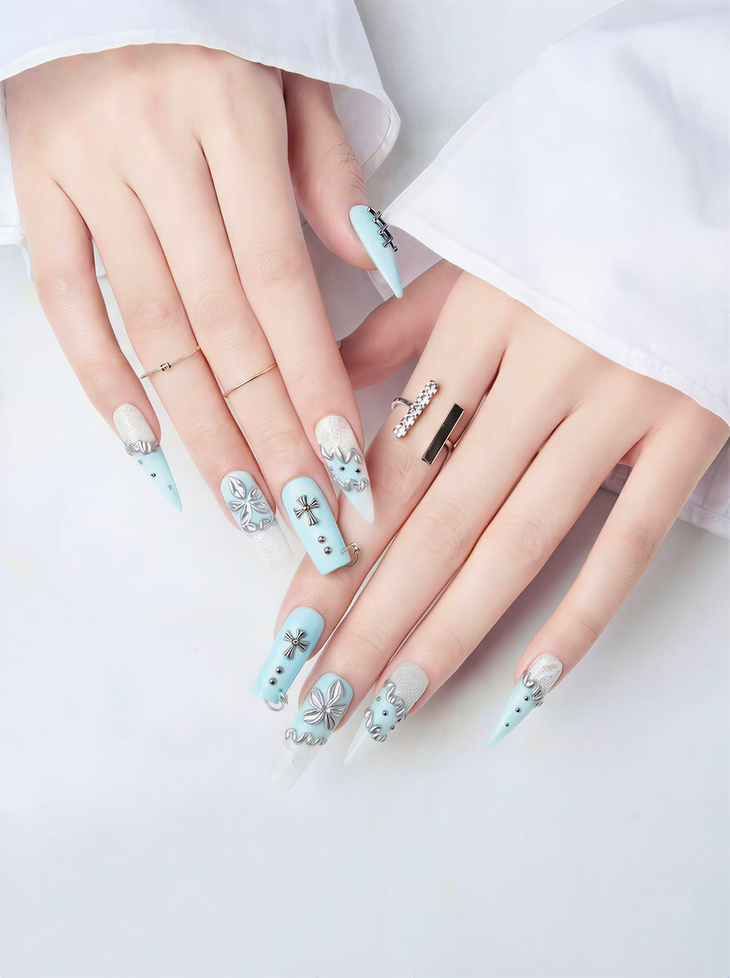 Rivet Code Edgy Fake Nails - Light Blue Lace, Studs & 3D Bow