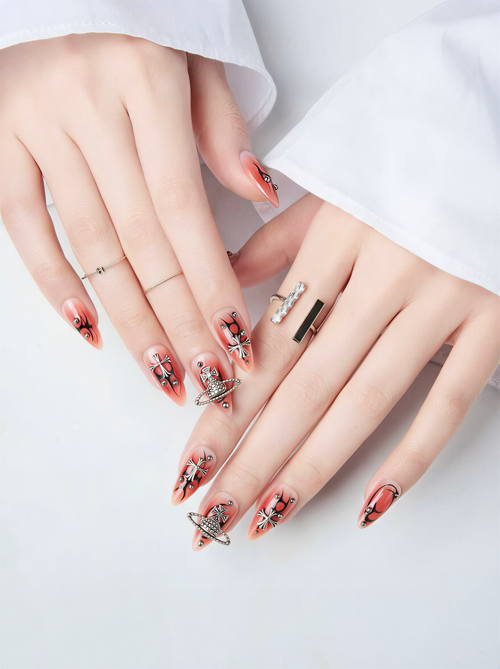 Press on Nails 24/30PCS: Jelly Red Flame Planet 3D Shell Gothic