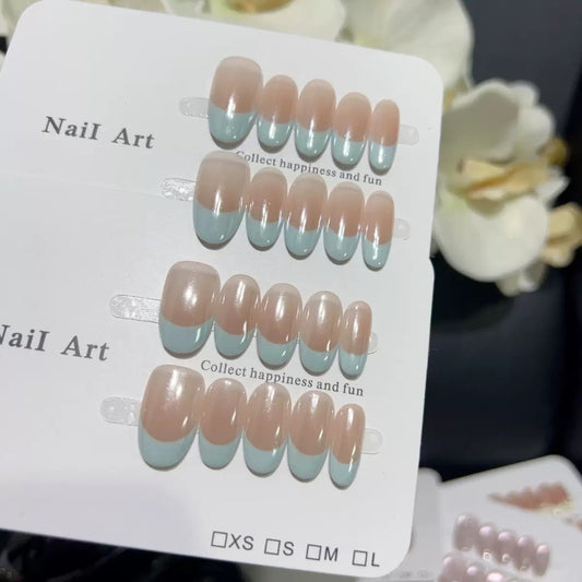 10-Pack Press on Nails Short Square, White Gold French & Hailey Blue French & Rainbow Polka Dot False Nails with Slogan, Glue on Artificial Nail Tips for Women Girls, DIY Manicure Set