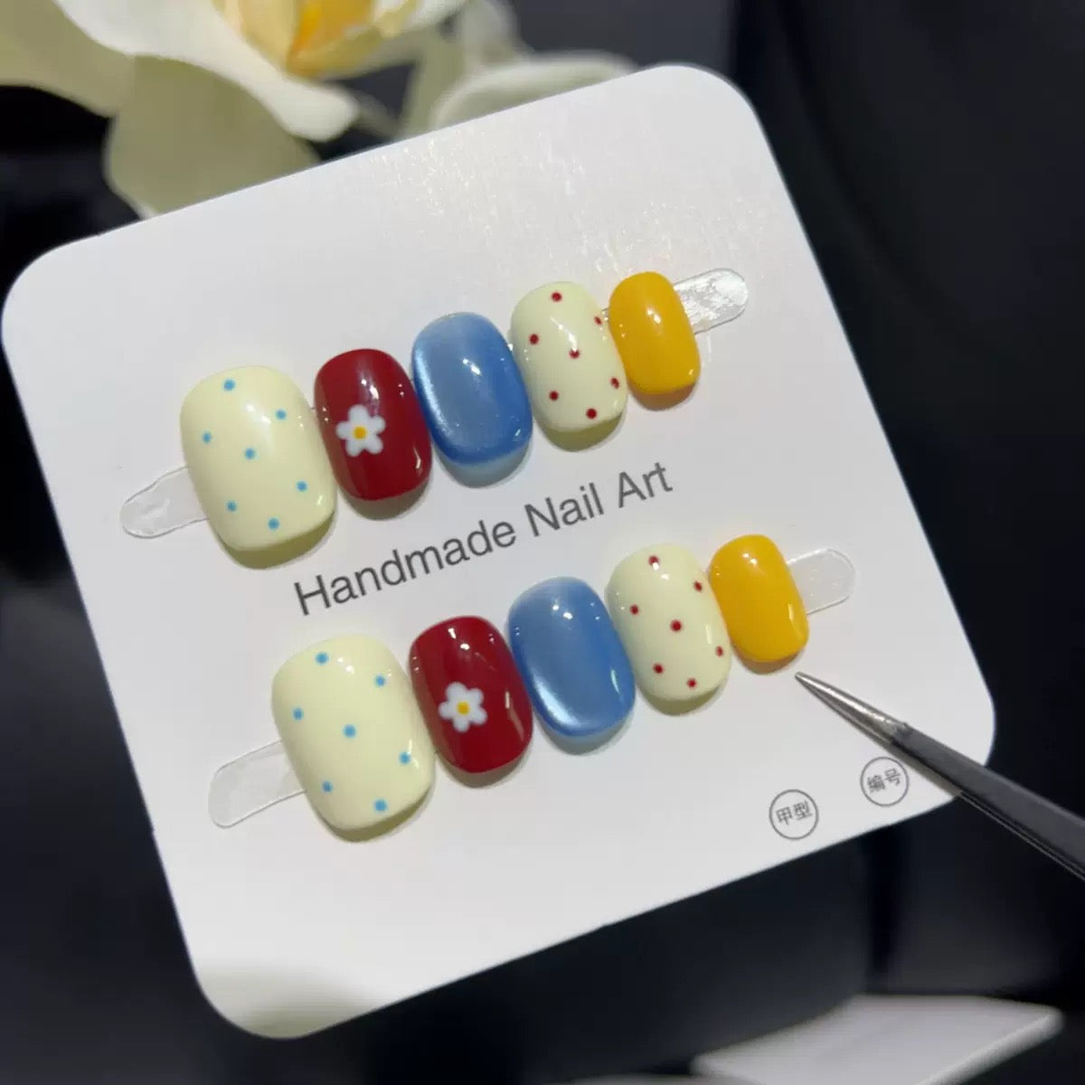 10-Pack Short Square Nails: Canelé Polka Dot, Florals & Glacier Koi