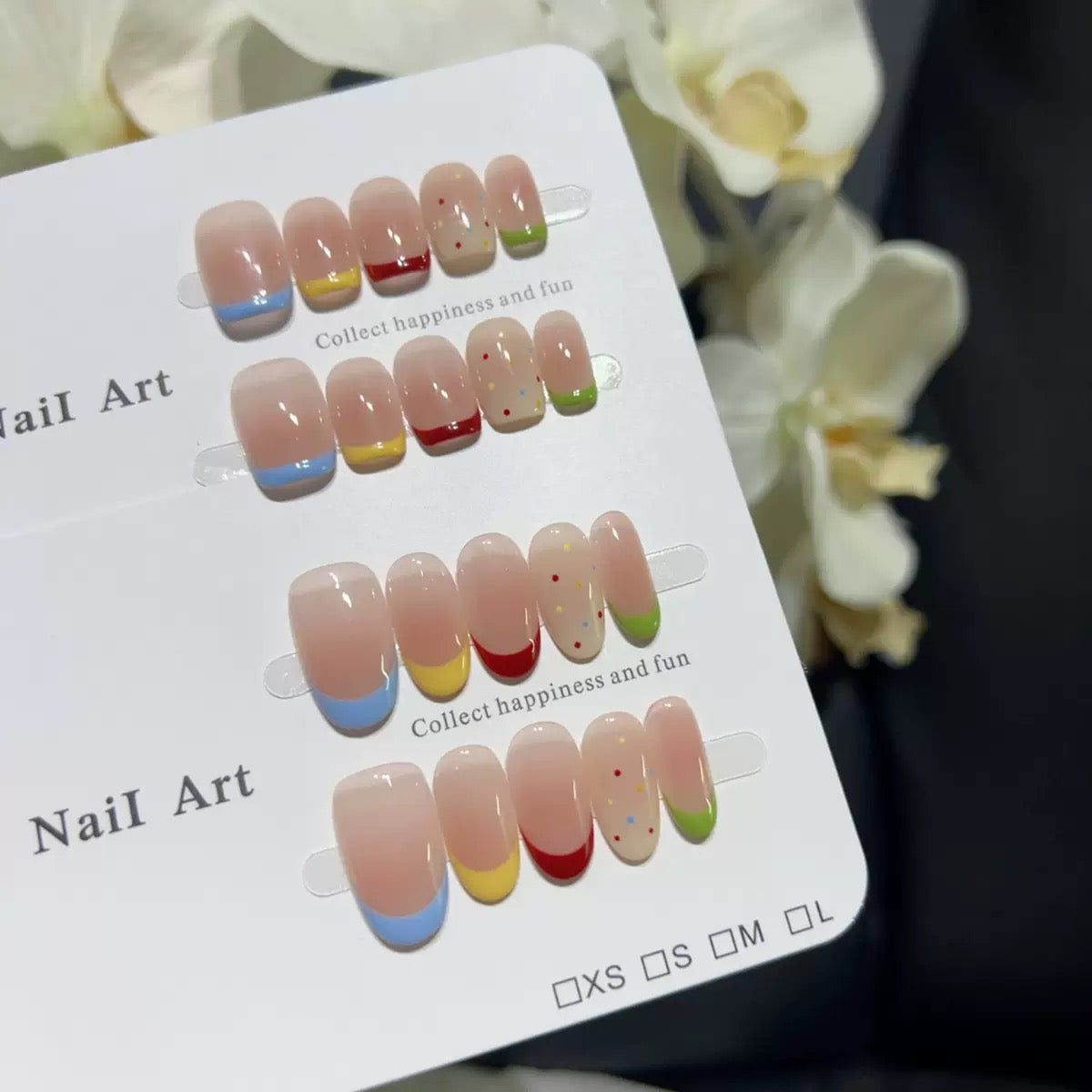 10-Pack Press on Nails Short Square, White Gold French & Hailey Blue French & Rainbow Polka Dot False Nails with Slogan, Glue on Artificial Nail Tips for Women Girls, DIY Manicure Set