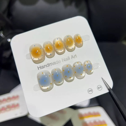 10-Pack Press on Nails Short Square, Canelé Polka Dot & Cream Florals & Glacier Koi & Monet Garden False Nails, Handmade Art Glue on Nail Tips for Women Girls, DIY Manicure Set